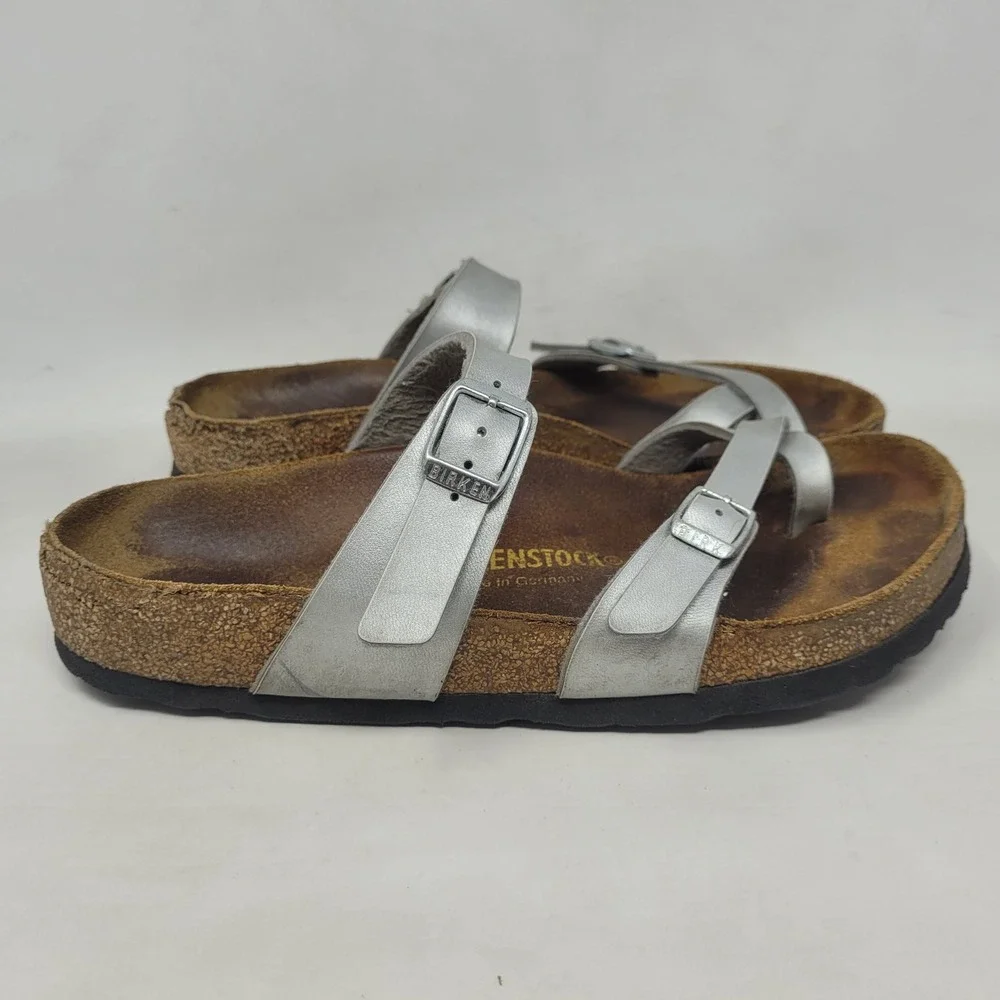 Birkenstock Mayari Sandals EU38 US7 Silver Birko Flor Slides Slip On Comfort